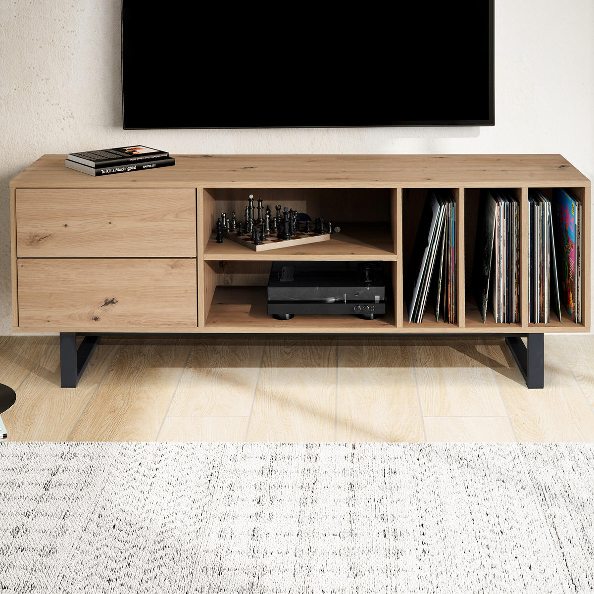 TV-LOWBOARD mit Eiche-Dekor, Schubladen und offenes Regal, modern, Braun 150x40x55 cm - Schwarz/Braun, Holzwerkstoff/Metall (150/55/40cm) - KADIMA DESIGN