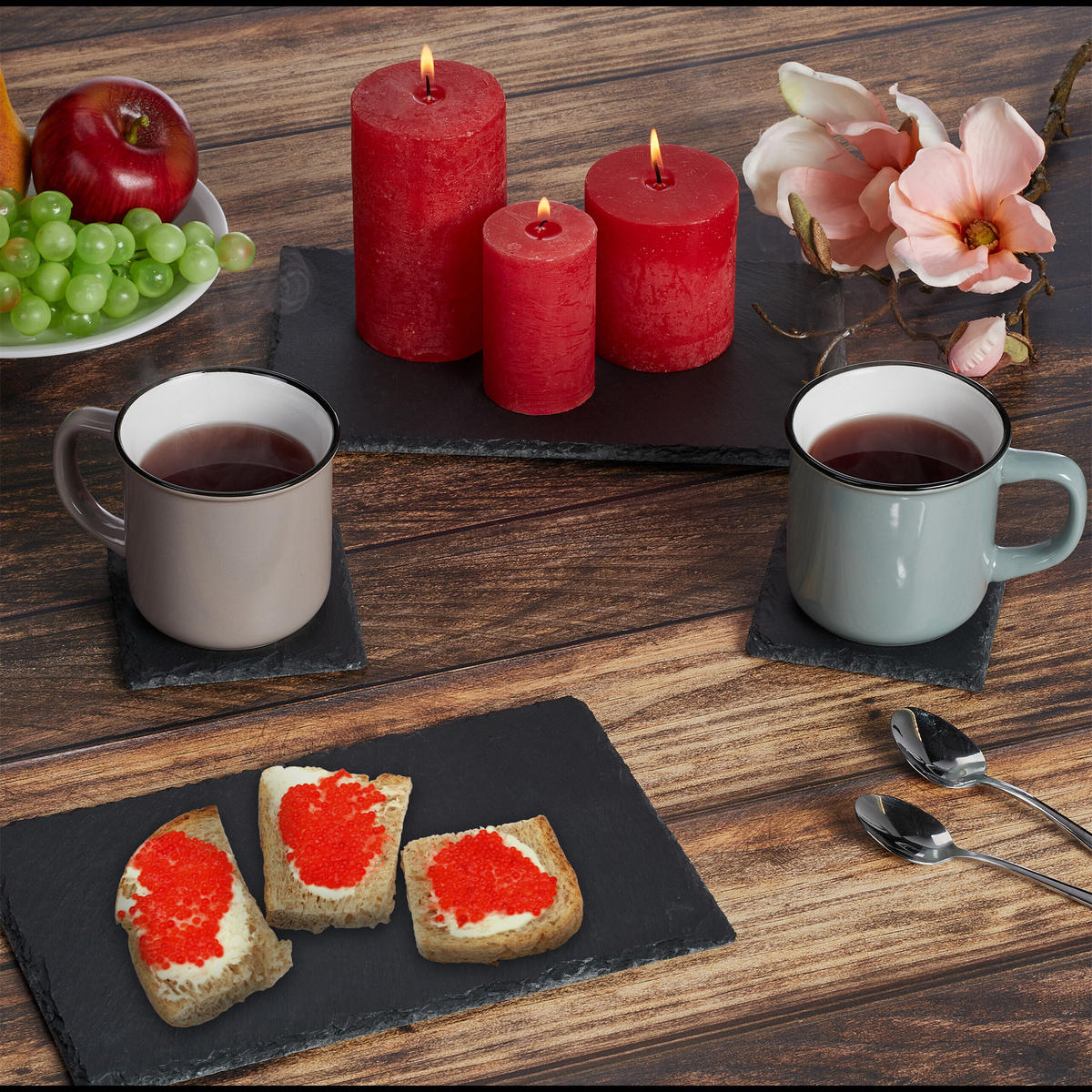 20XPODLOŽKY z bridlice - antracitová, textil/kameň (10/10cm) - Relaxdays