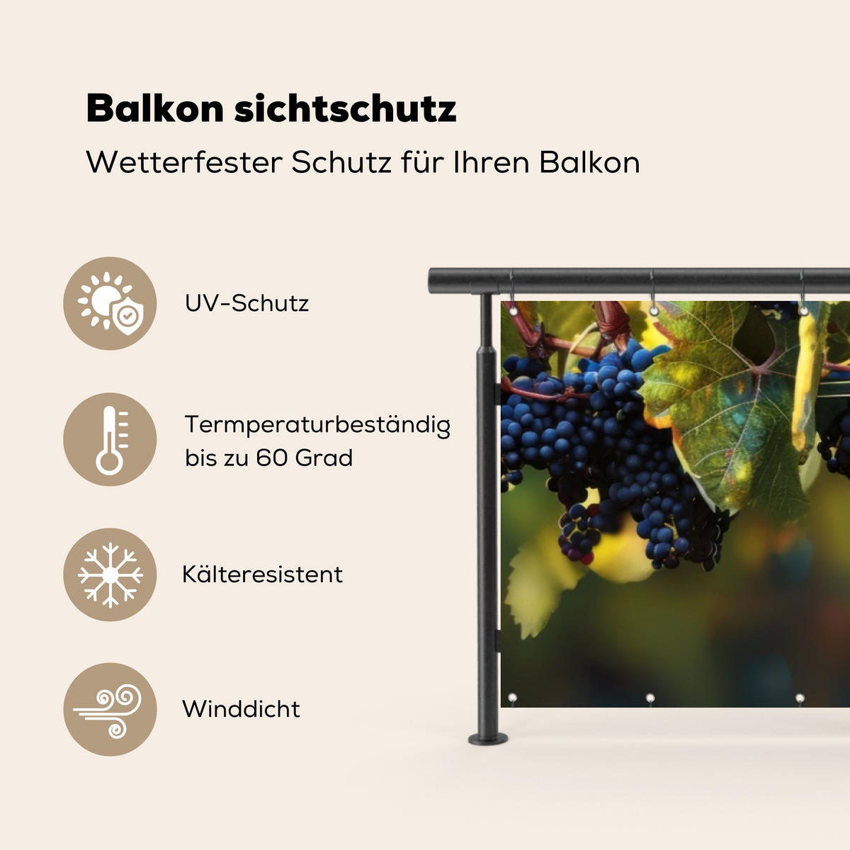 BALKON-SICHTSCHUTZ Trauben - Wein - Natur - Grün - Weinrot, Kunststoff (500/130cm) - MuchoWow