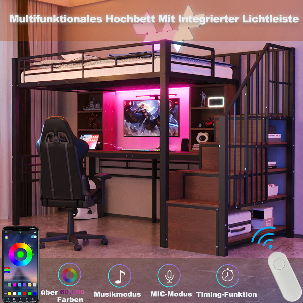 HOCHBETT 90/200 cm mit Schreibtisch, LED-Beleuchtung, Steckdose und Stauraumtreppe, Schwarz - Schwarz, Holzwerkstoff (90/200cm) - Redom
