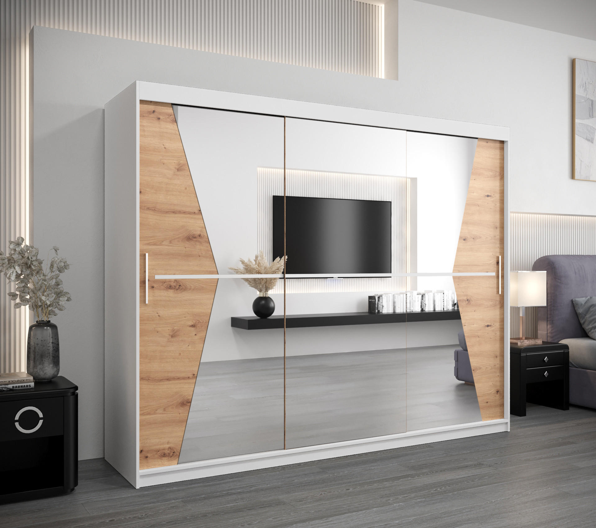 SCHWEBETÜRENSCHRANK 200/250/62 3-türig - Silberfarben/Weiß, Holz/Kunststoff (250/200/62cm) - Abiks Möbel