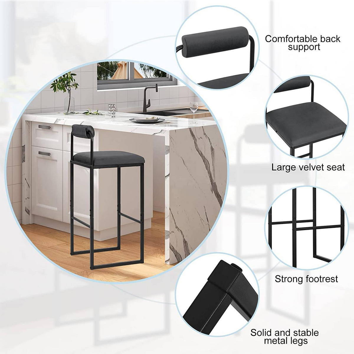 BARHOCKER 2er Set, Hochstuhl, Samt, Dunkelgrau - Dunkelgrau/Schwarz, Textil/Metall (39/95.5/38.5cm) - Woltu
