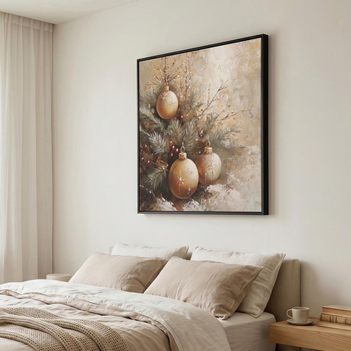 LEINWAND Bilder mit Rahmen - Weihnachten - Kugeln - Beige - Gold - 90x90 - Goldfarben, Textil (90/90cm) - MuchoWow