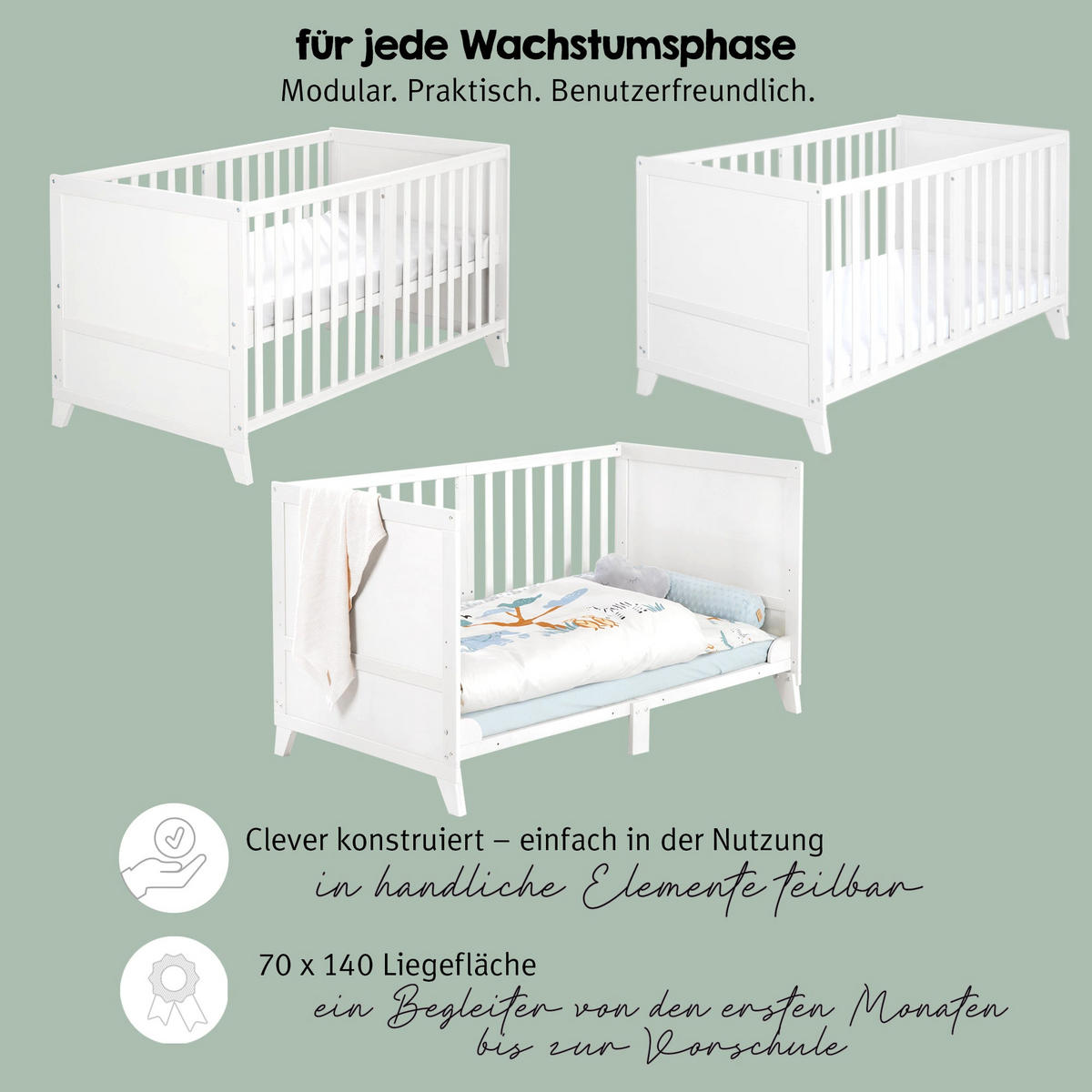 BABYBETT Savanna Friends 70 x 140 cm - Beige/Weiß, Holz/Holzwerkstoff (70/140cm) - Roba