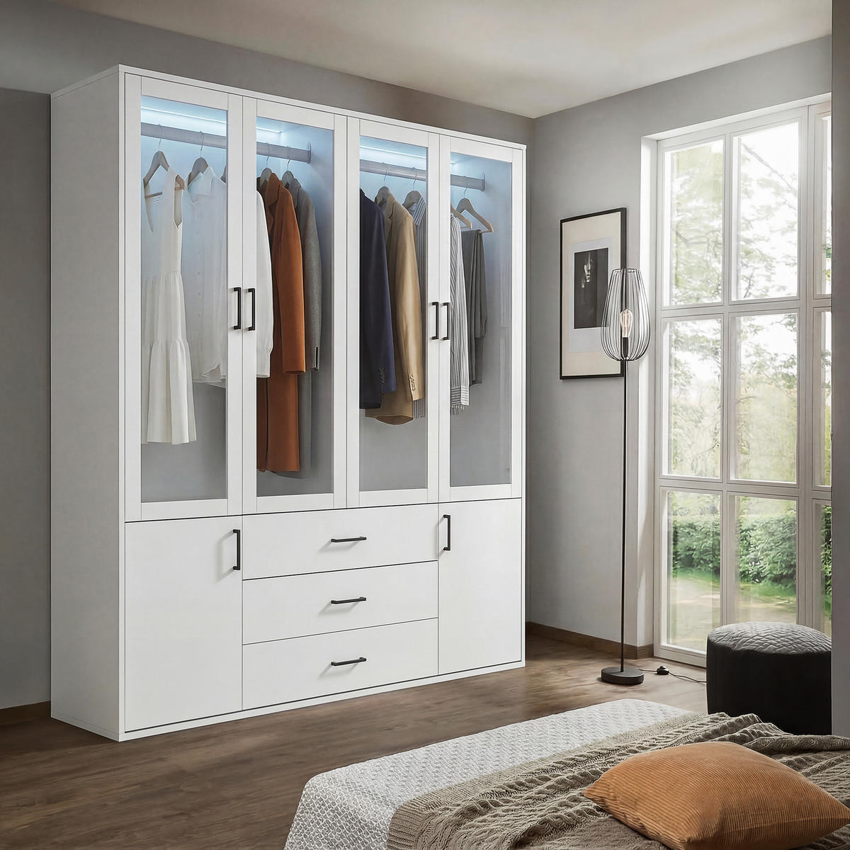 KLEIDERSCHRANK 4-türig Weiß mit Glastüren & LED-Licht - Weiß, Holzwerkstoff (51.8/182/160cm) - SHOPENTRA