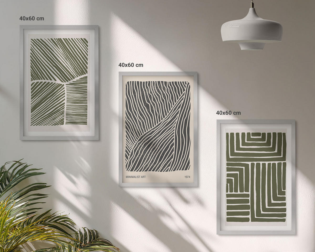 WANDBILDER 3er Set - 40x60 cm Silberner Rahmen - Muster Linien Formen grün - Silberfarben, Kunststoff (40/60cm) - ArtPrintCave