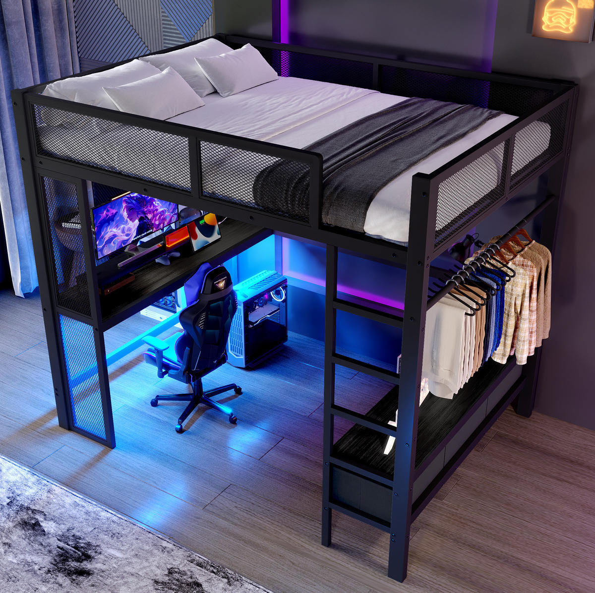 HOCHBETT 140/200 cm aus Metall und MDF mit Schreibtisch, LED und offenem Kleiderschrank Schwarz - Schwarz, Holzwerkstoff (140/200cm) - Modenvie