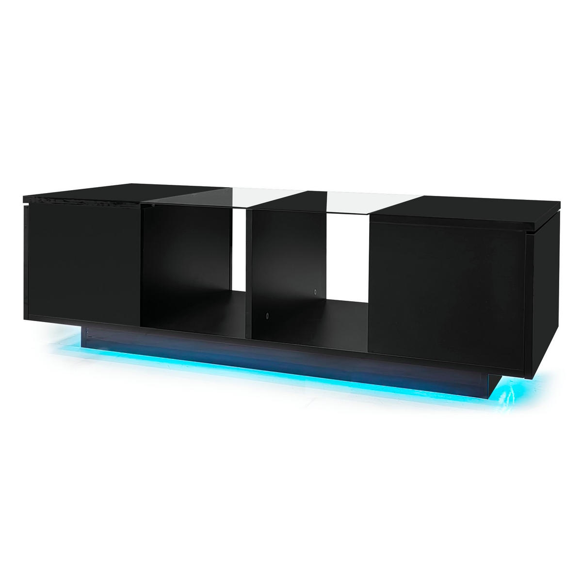 KONFERENČNÍ stolek ze skla a MDF, 120/50/38,5 cm černý, s LED osvětlením a úložným prostorem - černá, kompozitní dřevo (120/50/38.5cm) - BEAOK