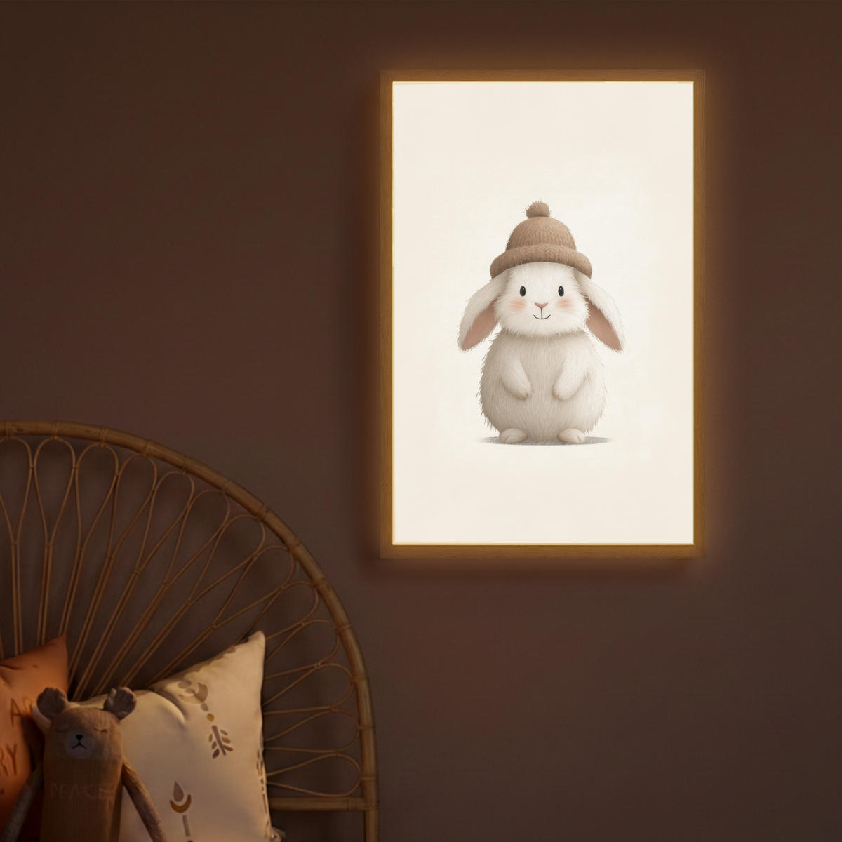 NÁSTĚNNÁ LAMPA S AKUMULÁTOREM Králík - Klobouk - Uši - béžový 40x60 cm - krémová, kompozitní dřevo (40/60/8cm) - OnlyWow