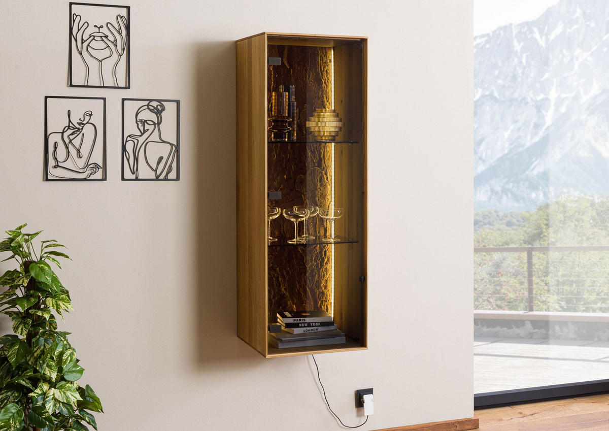 HÄNGEVITRINE Wildeiche 46x38x132 natur geölt LINDAU #13 - Braun, Holz (46/132/38cm) - Massivmoebel24