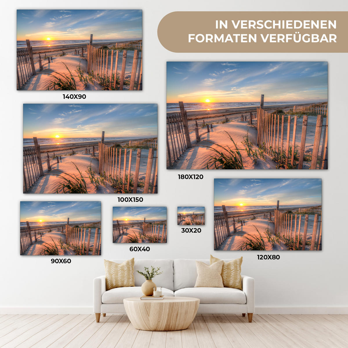 LEINWANDBILD Strand - Meer - Düne - Sonnenuntergang - Landschaft XXL 150x100 cm - Beige, Textil (150/100cm) - MuchoWow