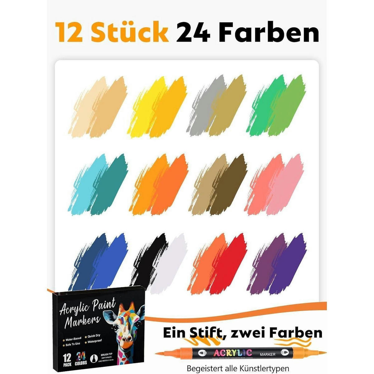 ACRYLSTIFTE Set 12 Stück 24 Farben Doppelspitze Wasserfest - Multicolor, Kunststoff (1.8/2.5/17.5cm)