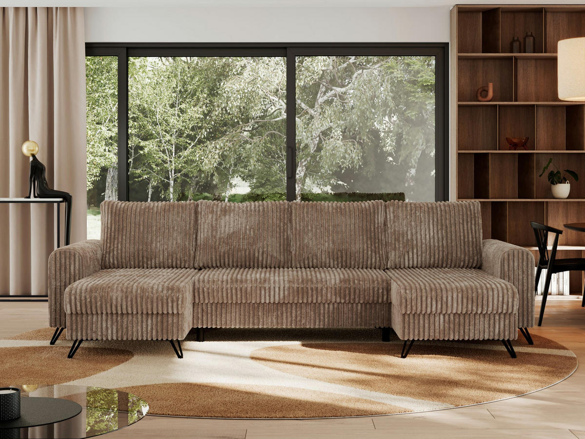 WOHNLANDSCHAFT AXEL U Cord Braun - Schwarz/Braun, Textil/Metall (312/90/140cm) - MKS