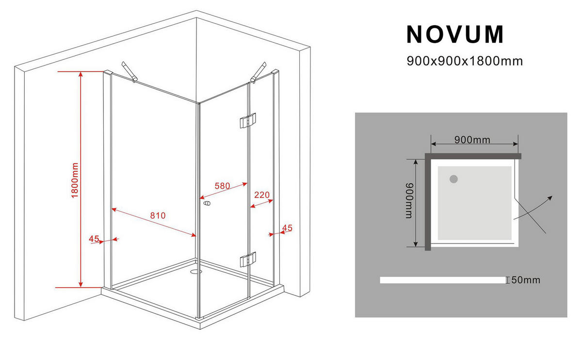 DUSCHKABINE NOVUM Klar 90 x 90 x 180 cm 8 mm ESG - Klar, Glas (90/90/180cm) - Glasdeals