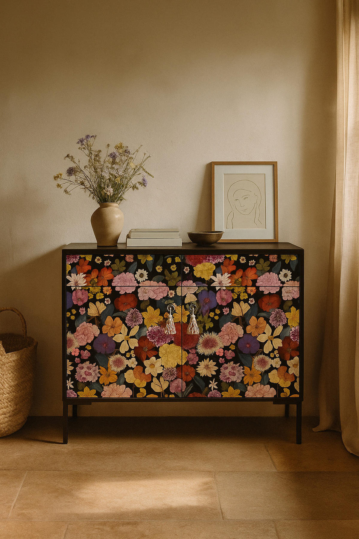SIDEBOARD MDF 2 Türen und 2 Schubladen mit Waldmuster ALISE WILD BEAUTY - Schwarz, Holzwerkstoff (90/84/45cm) - RNT By Really Nice Things