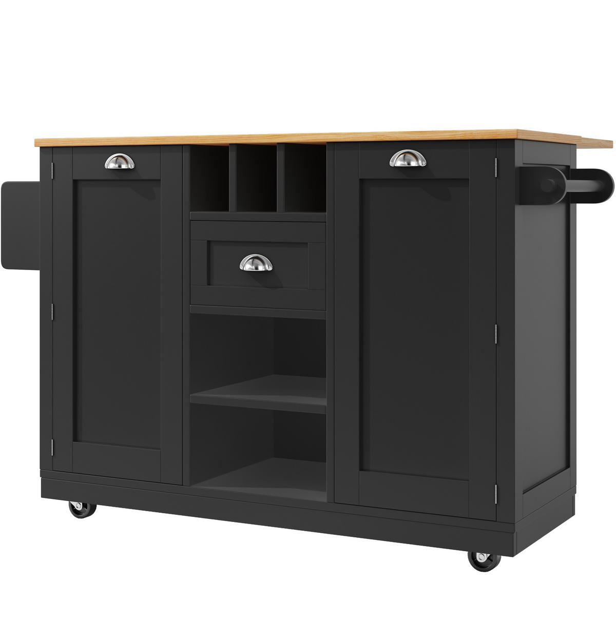 KUCHYŇSKÝ ostrůvek 140/70/93,5 cm černý z MDF s výklopnou deskou, koly a držákem na ručníky - černá, kompozitní dřevo (140/93.5/40cm) - OKWISH