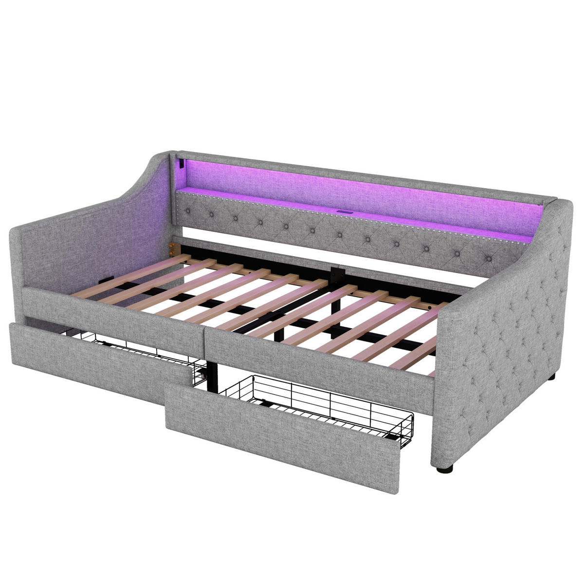 TAGESBETT 90/200 cm mit LED-Beleuchtung, USB-Anschluss, 2 Schubladen und Lattenrost, Grau - Grau, Textil (90/200cm) - Redom