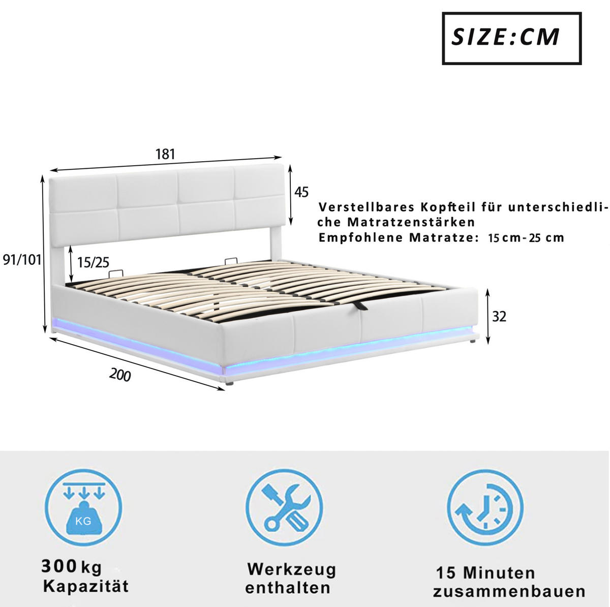 ČALÚNENÁ posteľ 180/200 cm s LED osvetlením a hydraulickým úložným priestorom, výškovo nastaviteľné čelo, Biela - biela, textil (180/200cm) - Redom