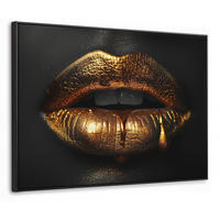 LEINWAND Bilder mit Rahmen - Frau - Porträt - Lippen - Gold - Schwarz - 80x60 - Schwarz, Textil (80/60cm) - MuchoWow