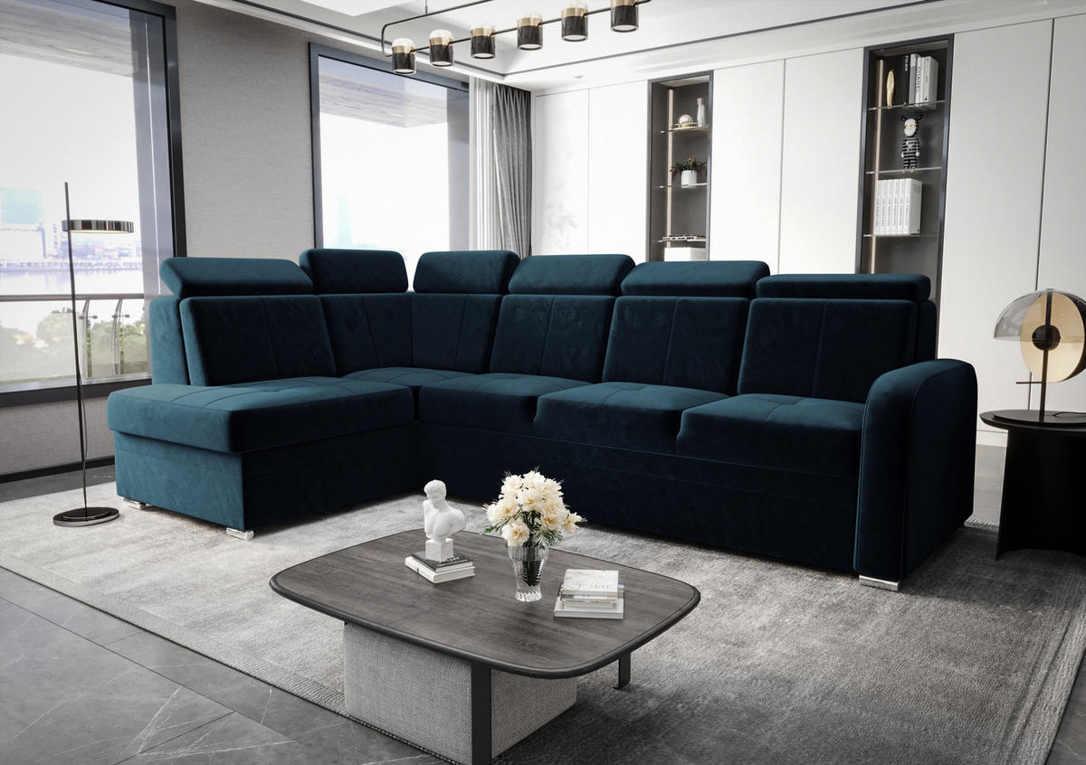 ECKSOFA KONGO RBN11, Eckcouch in L-Form mit Schlaffunktion, Farbe: Blau, Velourstoff, Ottomane Links - Blau, Textil (304/180cm) - O-Sofa