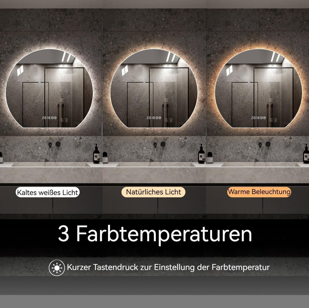 LED Badezimmerspiegel 80x72x2.5cm Silber, dimmbar mit 3 Lichtfarben, Entspiegelung & Smart-Display - Silberfarben, Glas (2.5/80/72cm) - Modfu