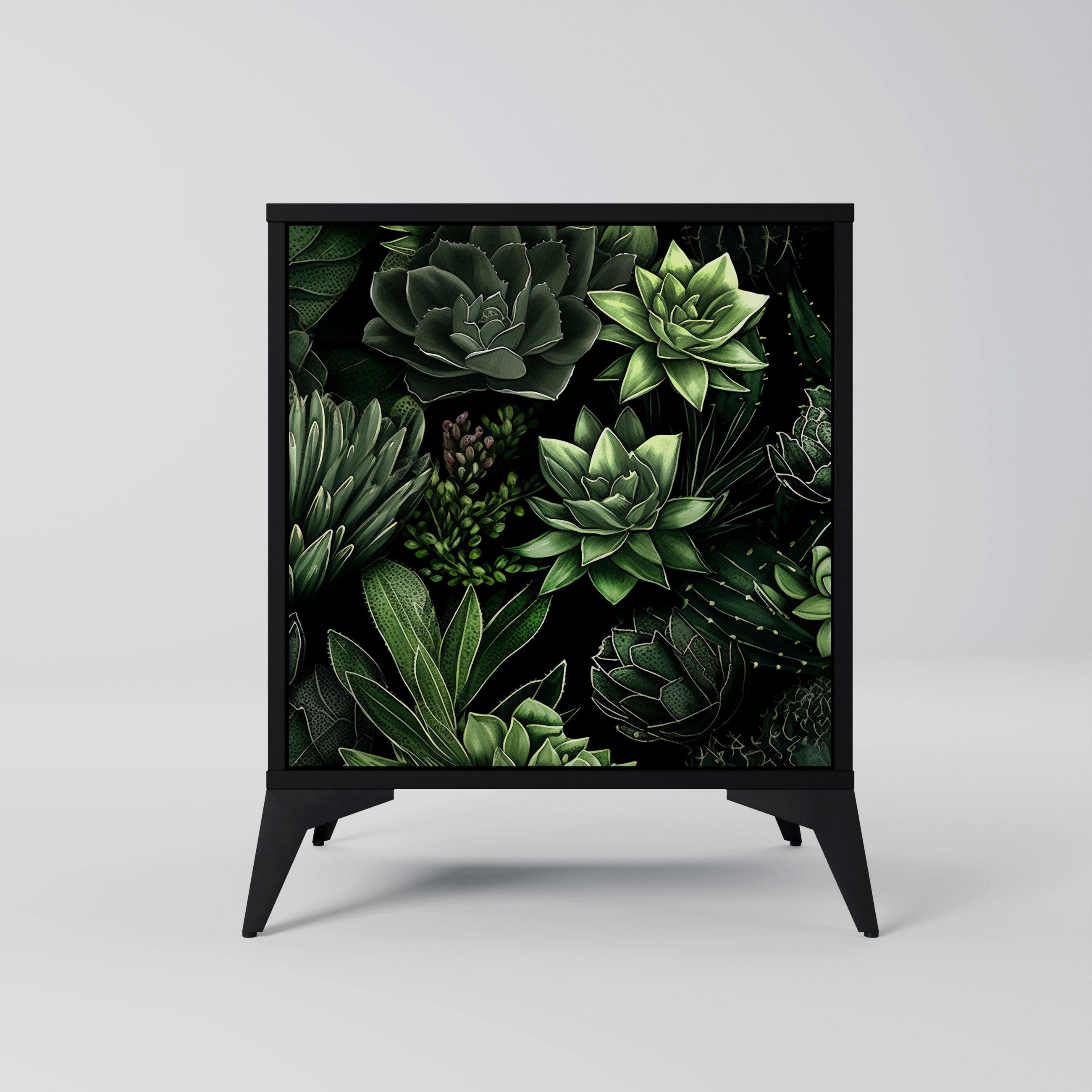 SIDEBOARD SUCCULENT JUNGLE, Schwarz, 57,5x42x70,5 cm, Schwarze Metall-Sternfüße - Multicolor/Schwarz, Holzwerkstoff/Metall (57.5/70.5/42cm) - SpaceRebels