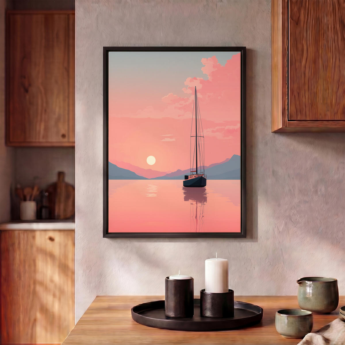 LEINWAND Bilder mit Rahmen - Segelboot - Rosa Meer - Sonnenuntergang - Berge - 30x40 - Rosa, Textil (30/40cm) - MuchoWow