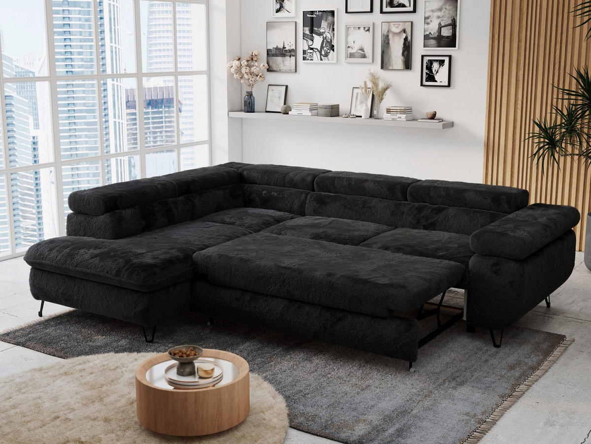 ECKSOFA PETER L Schwarz Plüsch - Links Seite - Schwarz, Textil/Metall (208/273cm) - MKS