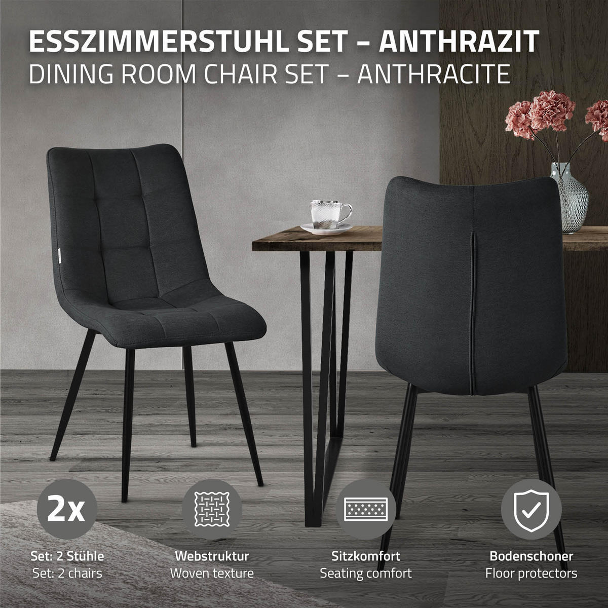 ESSZIMMERSTÜHLE 2ER-SET Anthrazit Stoffbezug - Anthrazit/Schwarz, Textil/Metall (49/89/60.5cm) - ML-DESIGN