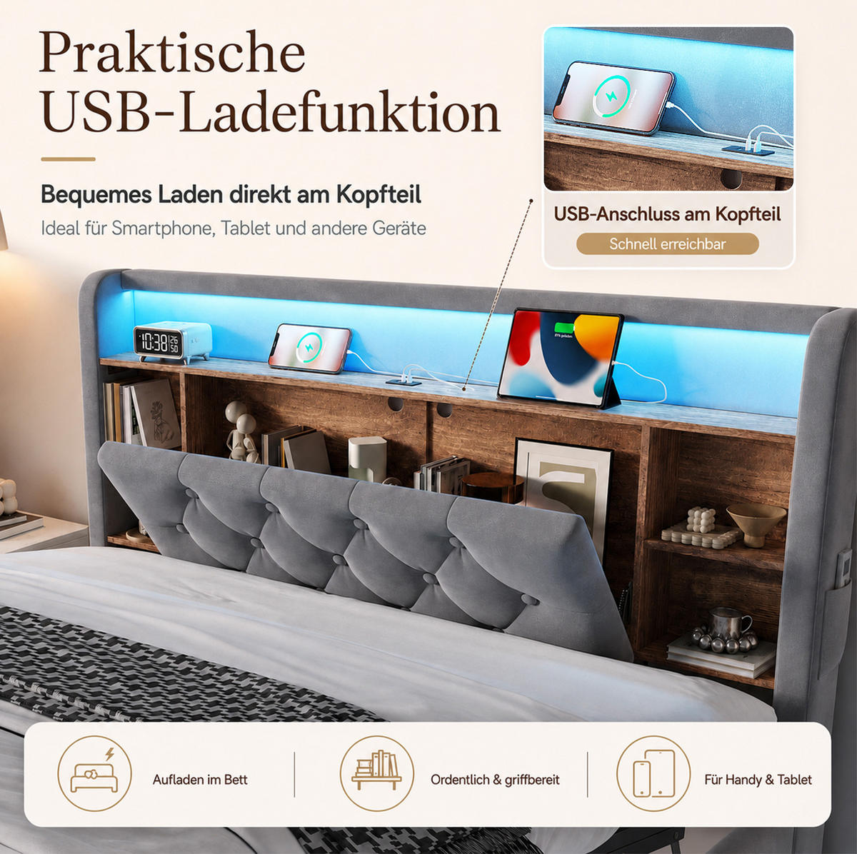 POLSTERBETT aus Samt 140x200 cm Dunkelgrau mit Bettkasten, LED-Beleuchtung, USB- und Type-C-Anschlüssen - Dunkelgrau, Textil (140/200cm) - Modfu