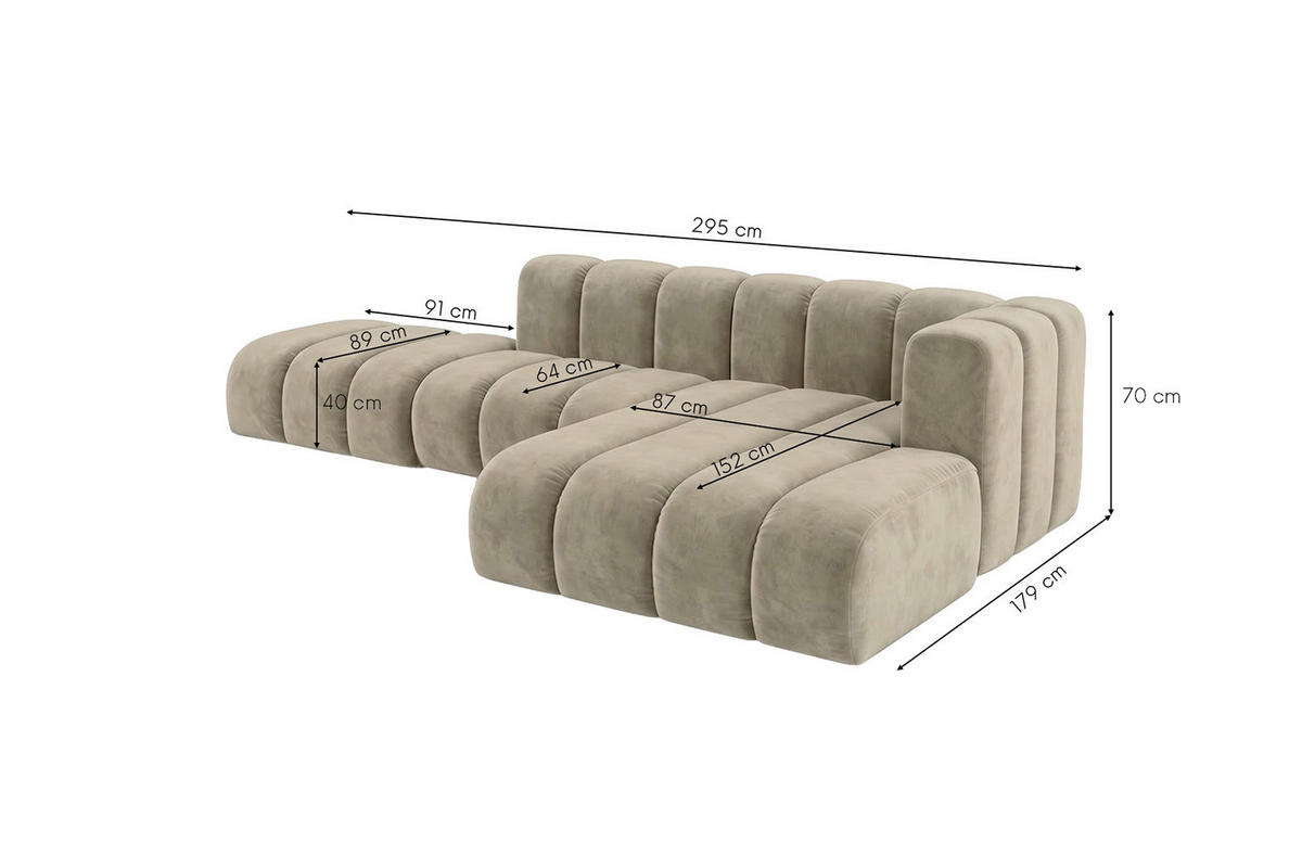 ECKSOFA Modulares In L-Form Mit Hocker, Velvet-Stoff Riviera, Beige, Rechts, GRAND Mini - Beige, Holz (295/179cm) - Kaiser Möbel