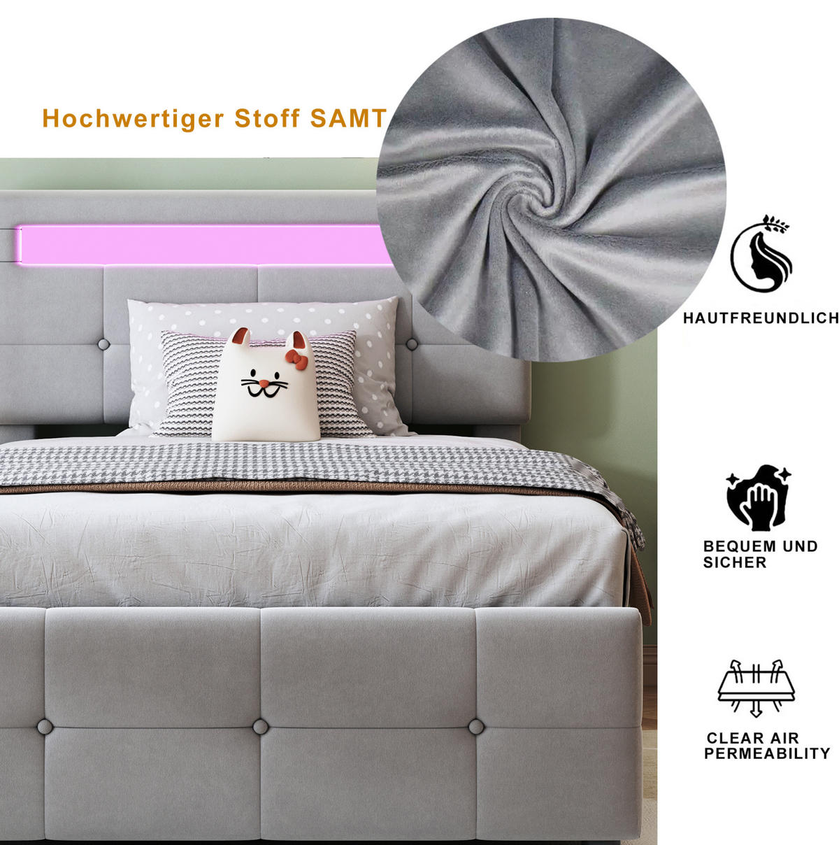 POLSTERBETT 90/200 cm Grau aus Samt mit LED-Beleuchtung und Stauraum - Grau, Textil (90/200cm) - OKMYHOME
