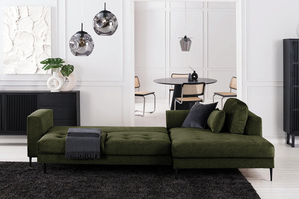 ECKSOFA mit Longchair - Dunkelgrün/Schwarz, Textil/Metall (275/168cm) - home24