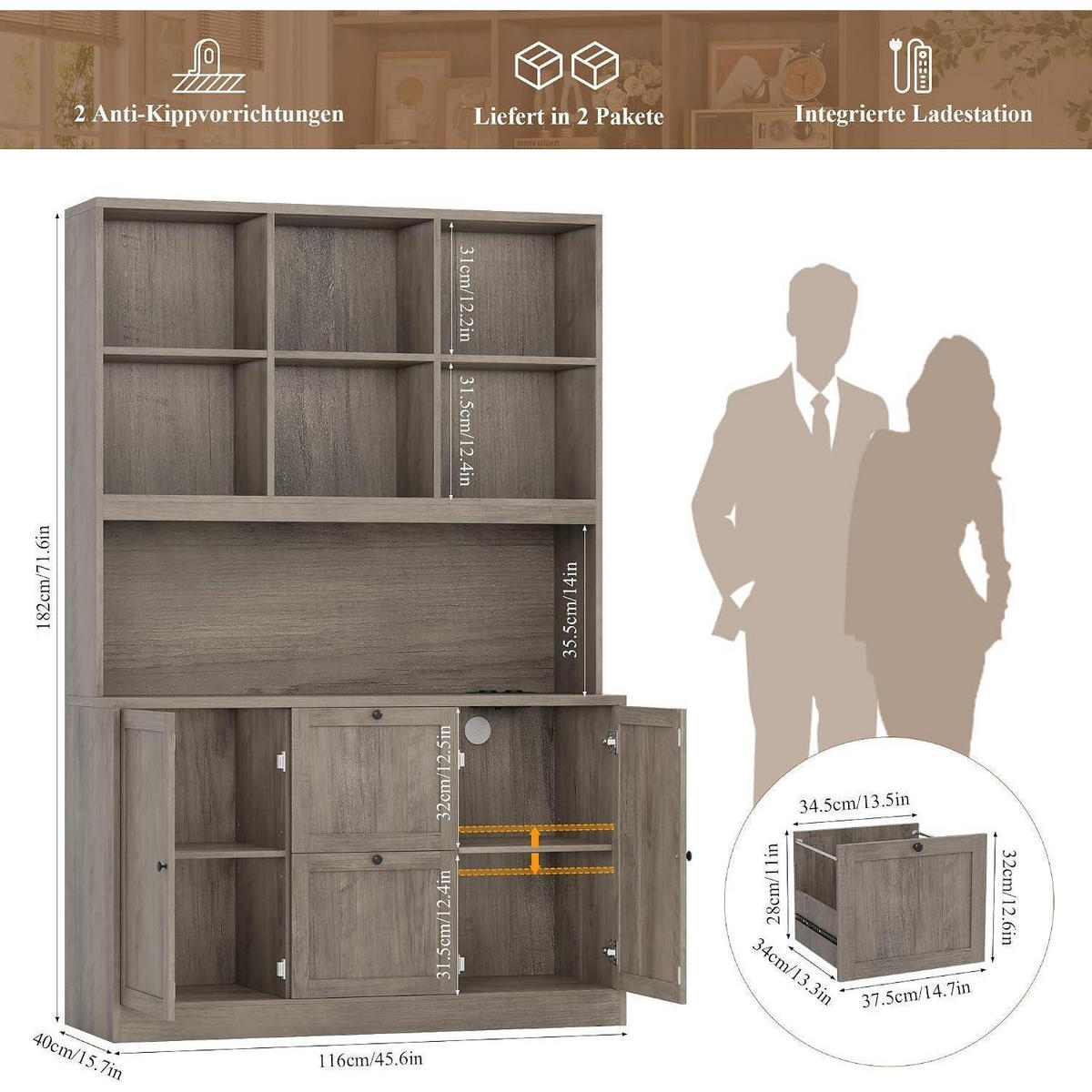 BÜCHERREGAL mit Steckdose Artisan Eiche 116 x 40 x 182 cm - Grau, Holzwerkstoff (116/182/40cm)