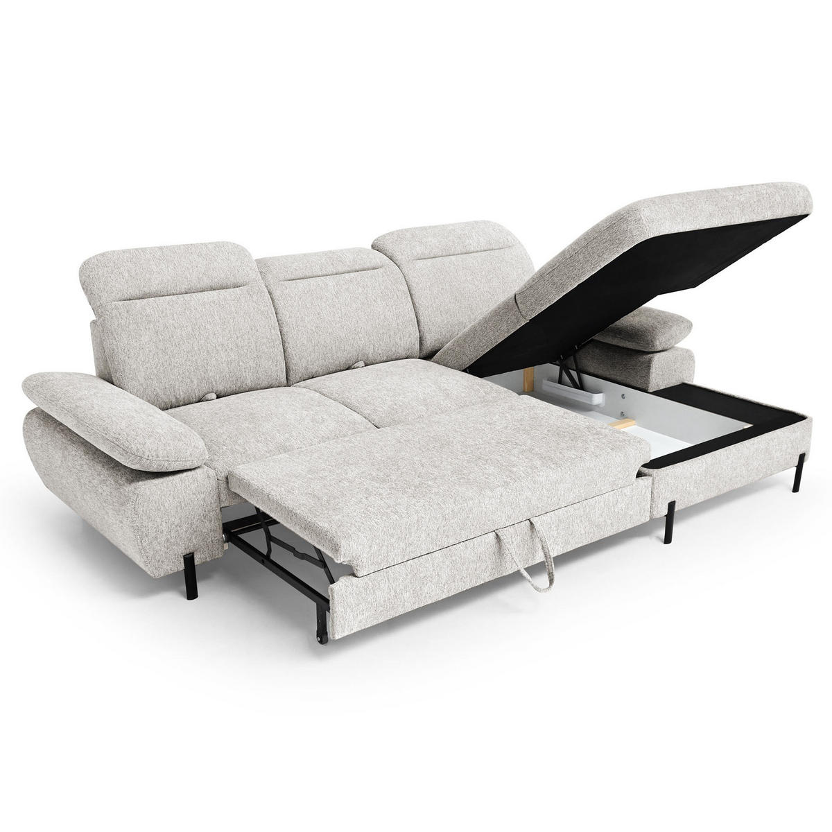 ECKSCHLAFSOFA Sora Mini mit verstellbaren Kopfstützen und Schlaffunktion, Chenille-Stoff, Beige, Rechts - Beige/Schwarz, Textil (190/285cm) - Beautysofa