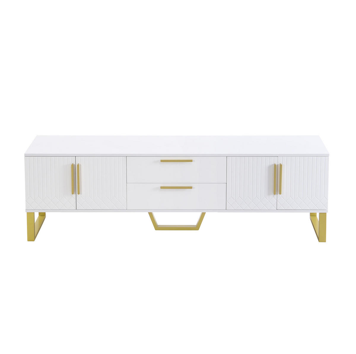 TV-SCHRANK aus MDF 170x40x53,5 cm Weiß mit Hochglanzoberfläche, 4 Türen, Kabelöffnung und goldfarbenen Details - Weiß, Holzwerkstoff (170/53.5/40cm) - Modfu