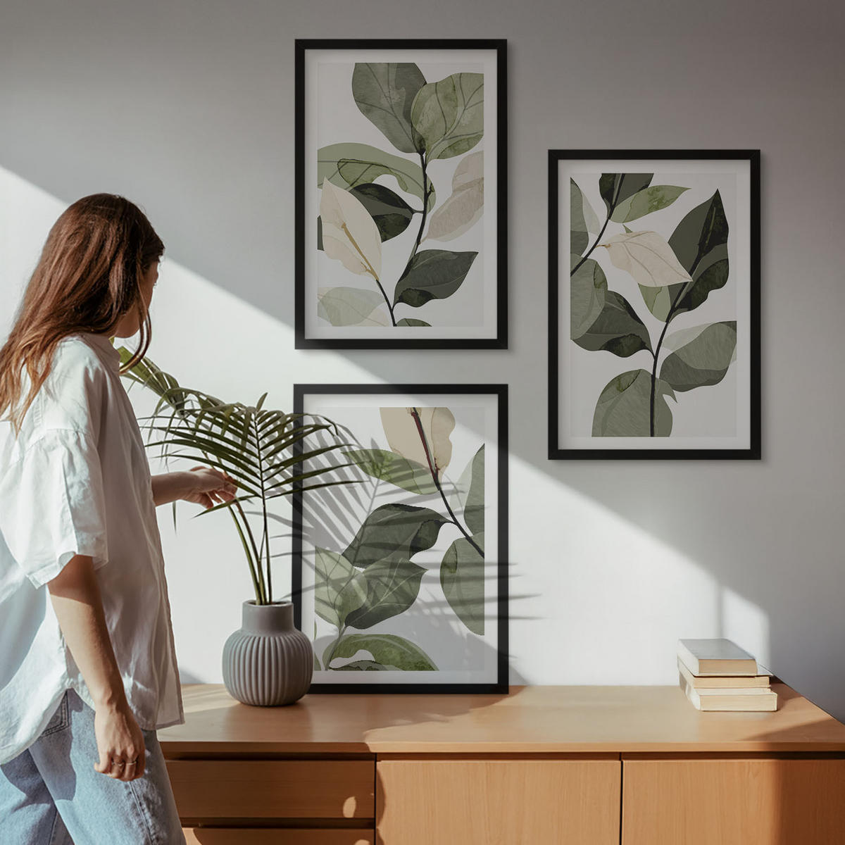 WANDBILDER 3er-Set - 40x60 cm Schwarzer Rahmen - Bemalte Boho-Pflanzenblätter - Schwarz, Kunststoff (40/60cm) - ArtPrintCave
