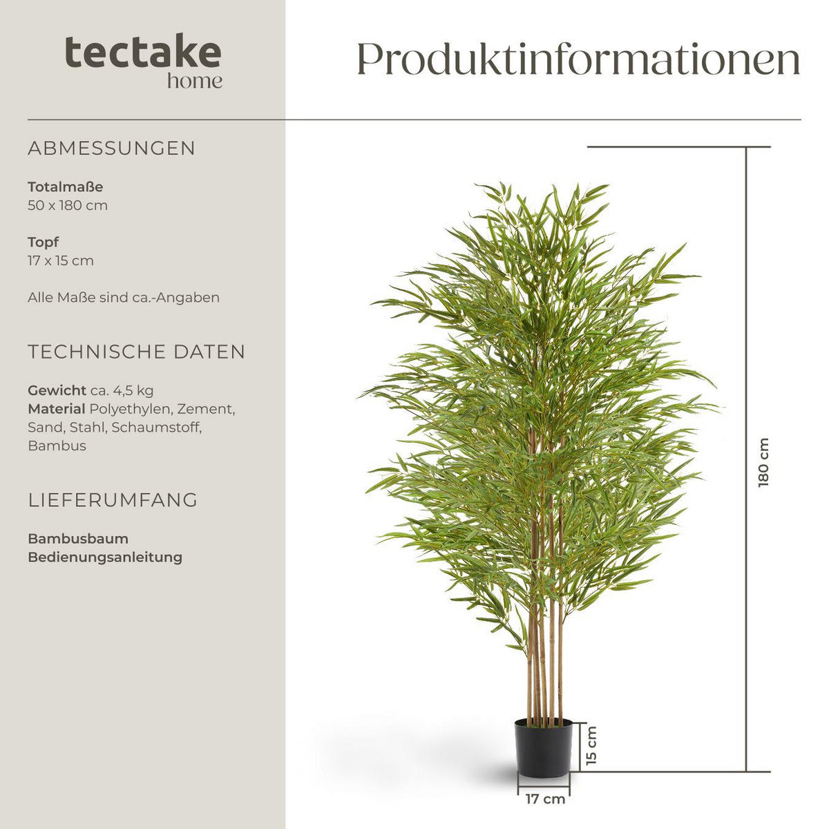KÜNSTLICHER-BAMBUSBAUM Bambosa,stabiler Kunststoff-Blumentopf,grün - Grün, Kunststoff (180cm) - tectake