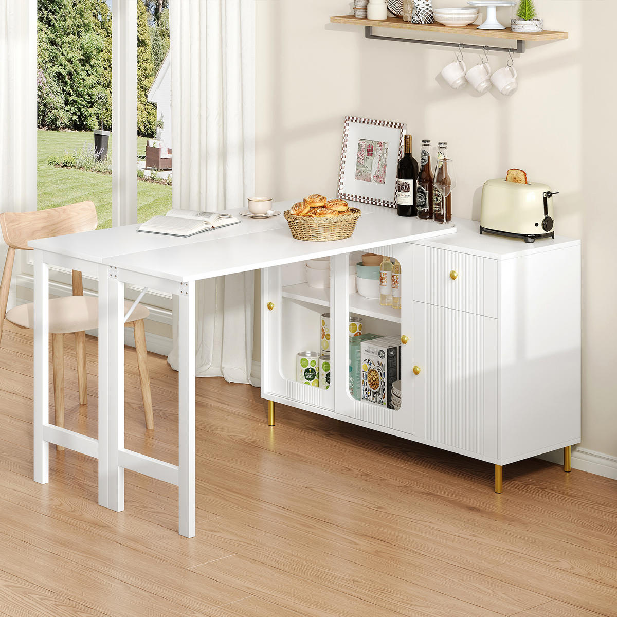 SIDEBOARD 116/40/78.5 cm Weiß mit klappbarer, ausziehbarer Tischplatte und drehbarer Oberfläche - Weiß, Holz (116/78.5/40cm) - Oxeza