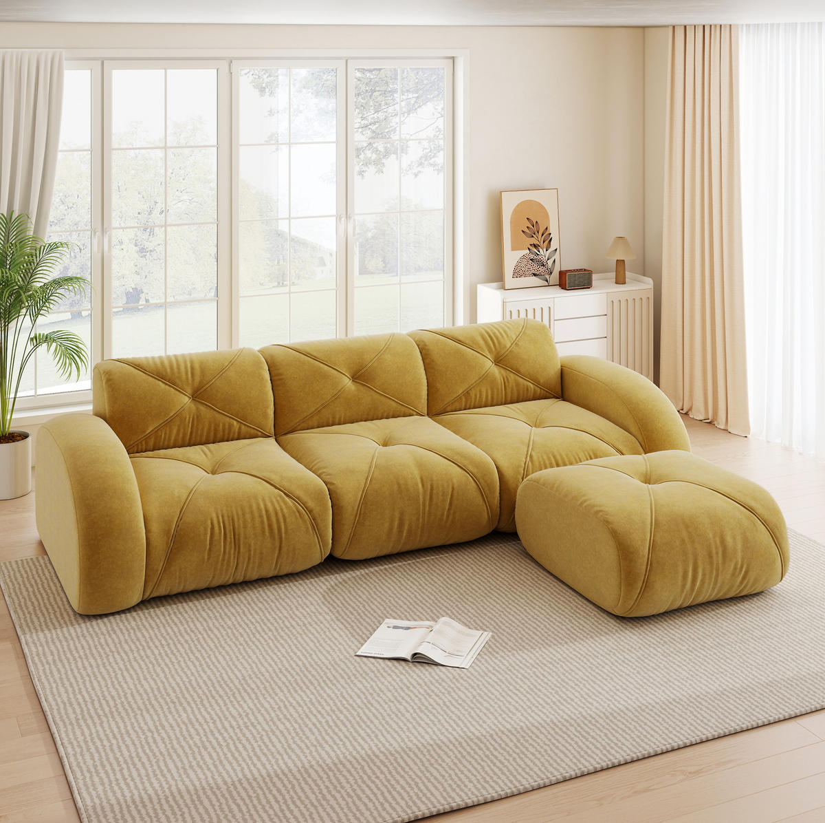 SOFA modular Chenille Yellow mit Hocker - Gelb, Kunststoff (171/281cm) - Meubliv