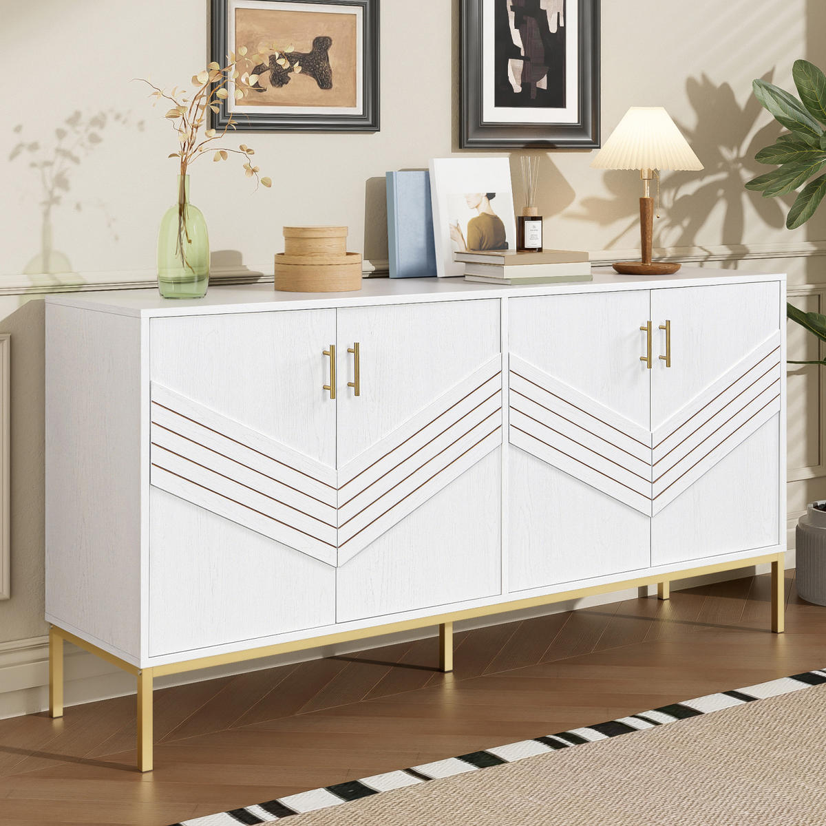 SIDEBOARD Weiß-Gold, 4 Türen, MDF, für Wohnraum - Weiß, Holz (160/80/40cm)