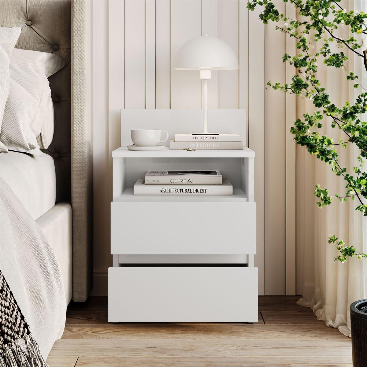 Nachttisch HANA M1 Weiß - Weiß, Holzwerkstoff (40/59/32cm) - Lookway