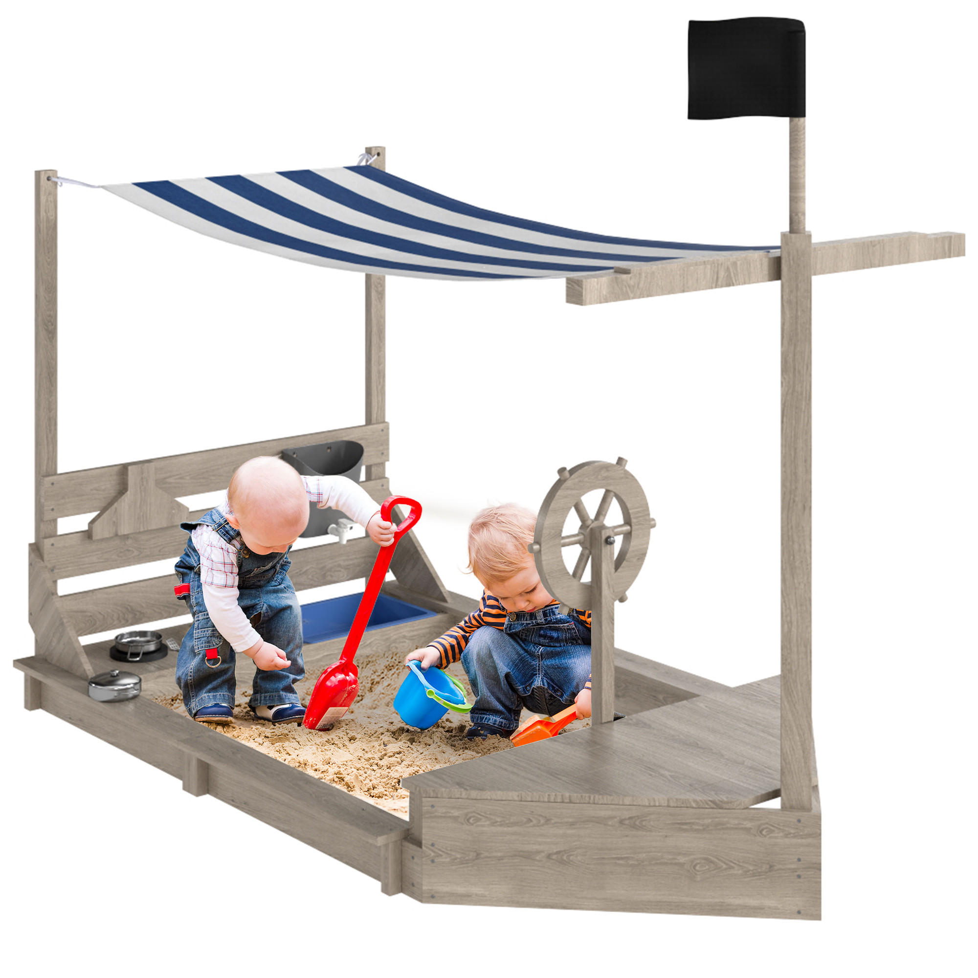 SANDKASTEN Sandkiste groß mit Abdeckung im Schiff Design Matschekiste aus Holz - Grau, Holz (180/103/144.5cm) - Outsunny