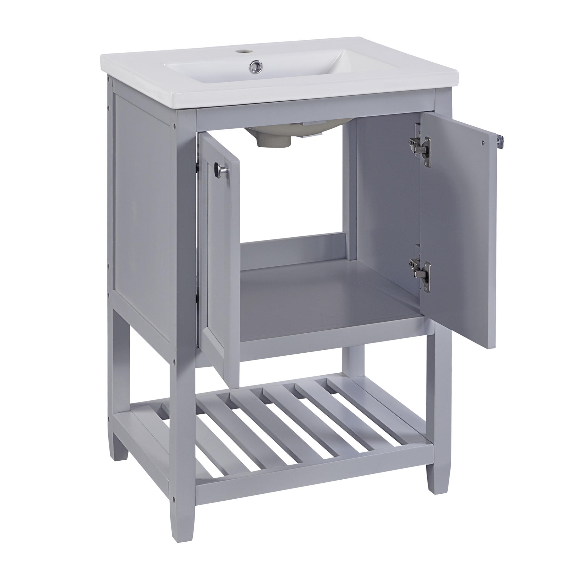 WASCHTISCH mit Unterschrank aus Massivholz und MDF 61x46x90 cm Grau/Weiß, bodenstehend mit Keramikbecken und Stauraum - Weiß, Holzwerkstoff (61/90/46cm) - Modfu