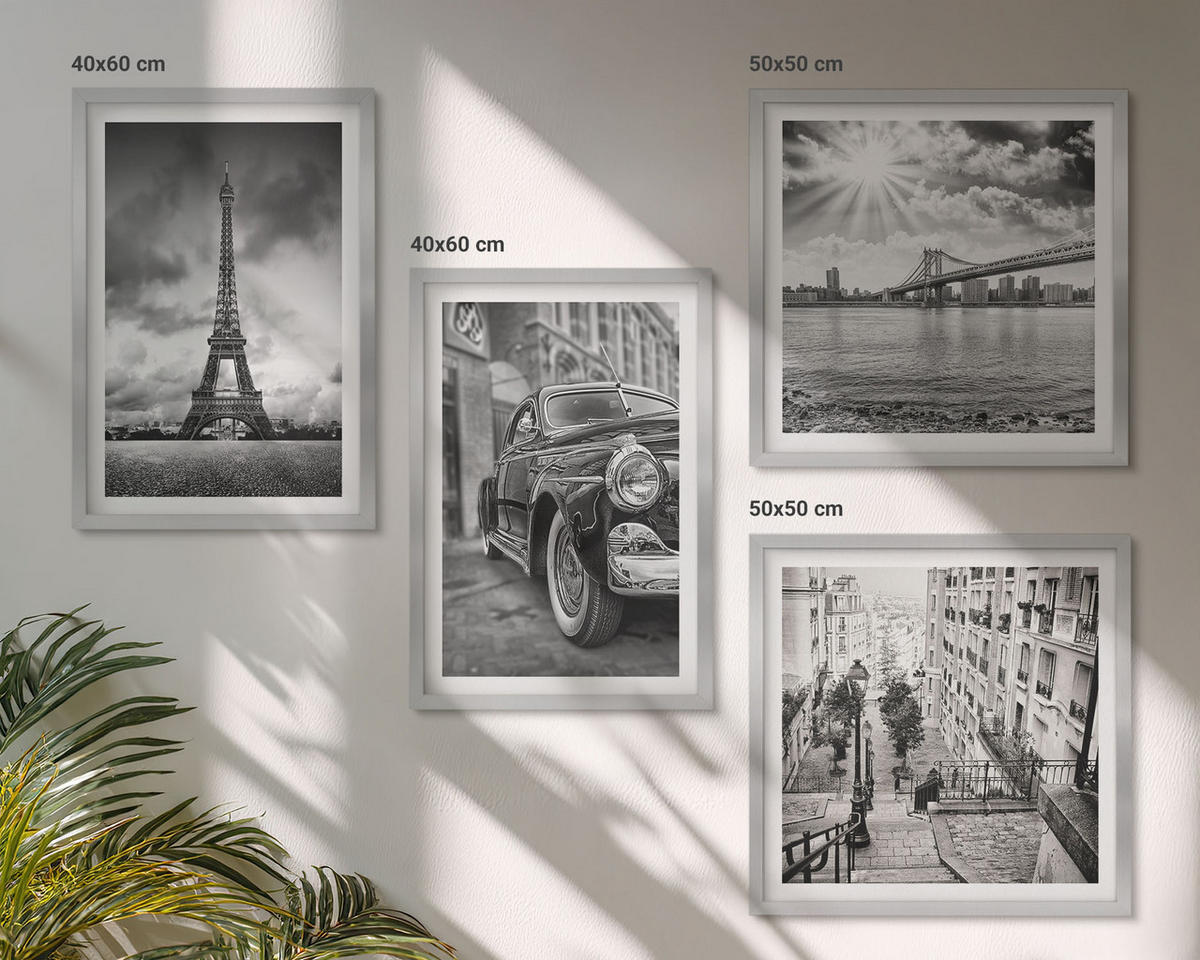 WANDBILDER 4er Set - 50x50 cm & 40x60 cm Silberner Rahmen - Stadtansichten, Brücken, Eiffelturm, Auto - Silberfarben, Kunststoff (50/50cm) - ArtPrintCave