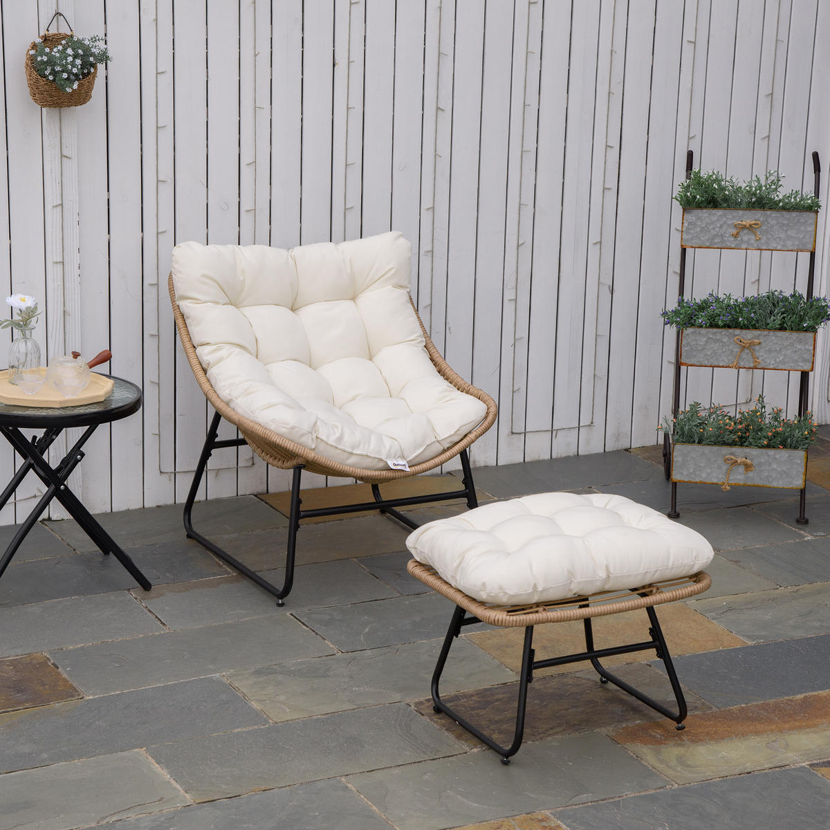 GARTENSESSEL DE-17365 mit Fußstütze & Polster, Rattan-Optik Natur - Naturfarben, Metall (76/70/69cm) - ComfortXL