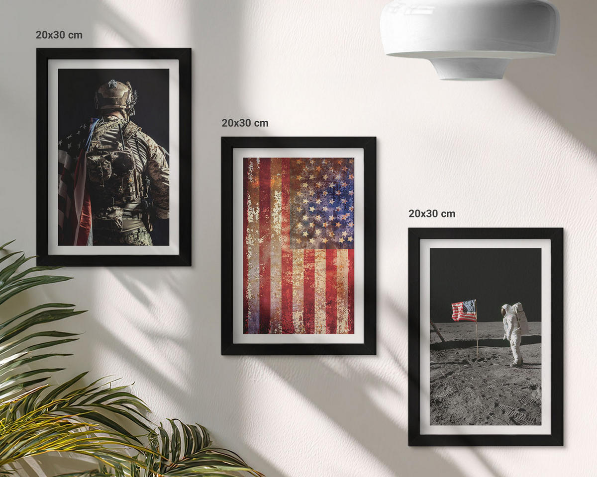 BILDER SET 3er Set - 20x30 cm Schwarzer Rahmen - Amerikanische Symbole, USA-Flagge - Schwarz, Kunststoff (20/30cm) - TULUP