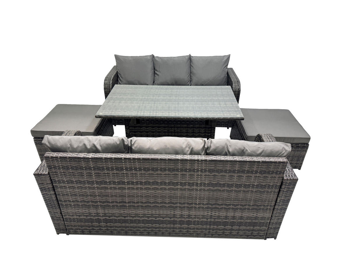 GARTENTISCHGRUPPE mit Beistelltisch,2 Hockern Polyrattan Dunkelgrau 8-Sitzer - Dunkelgrau/Grau, Glas/Kunststoff - Fimous