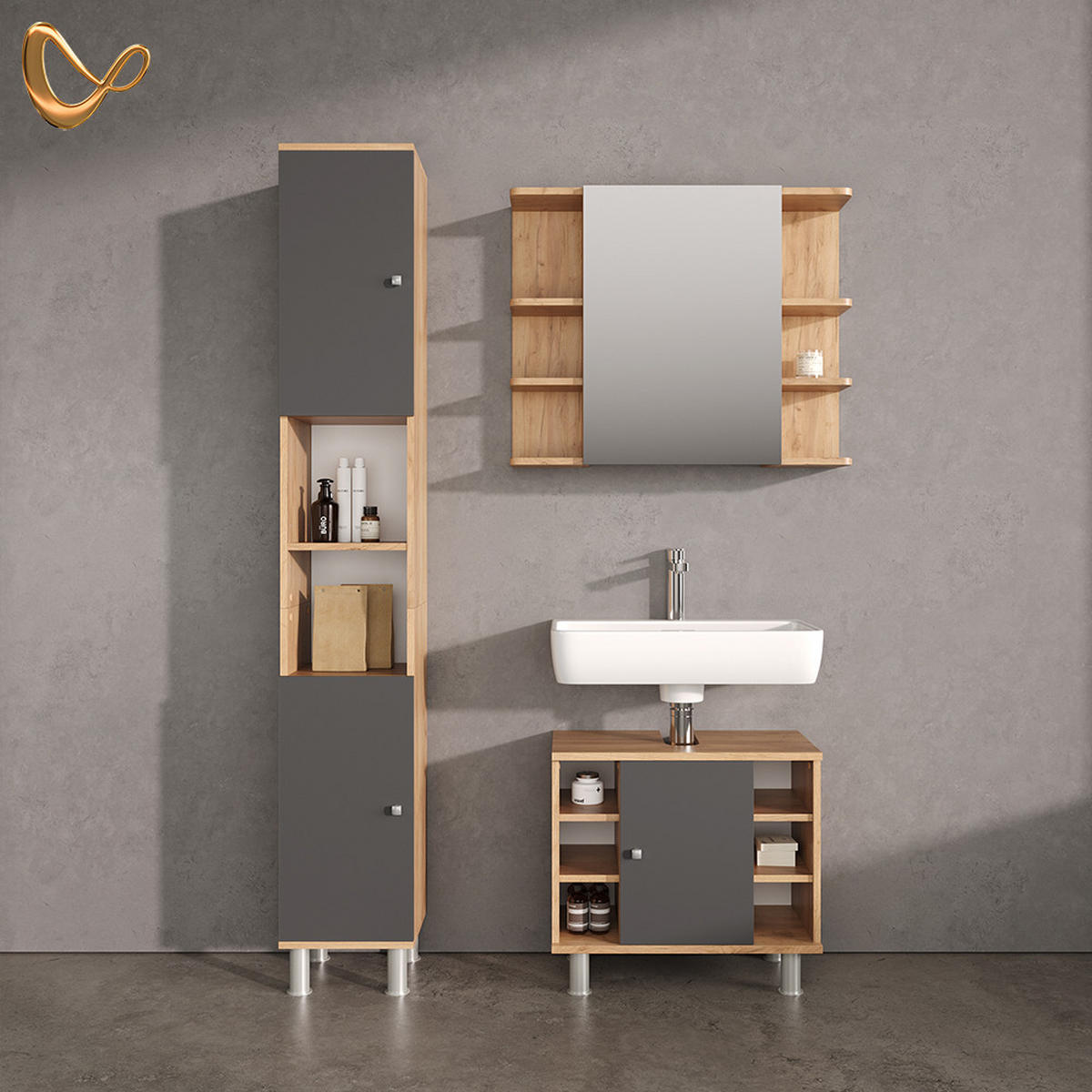 WASCHBECKENUNTERSCHRANK Fucino Anthrazit/Goldkraft Eiche 60 x 54 cm - Anthrazit/Eiche Wotan, Holzwerkstoff (60/54/32cm) - Livinity®