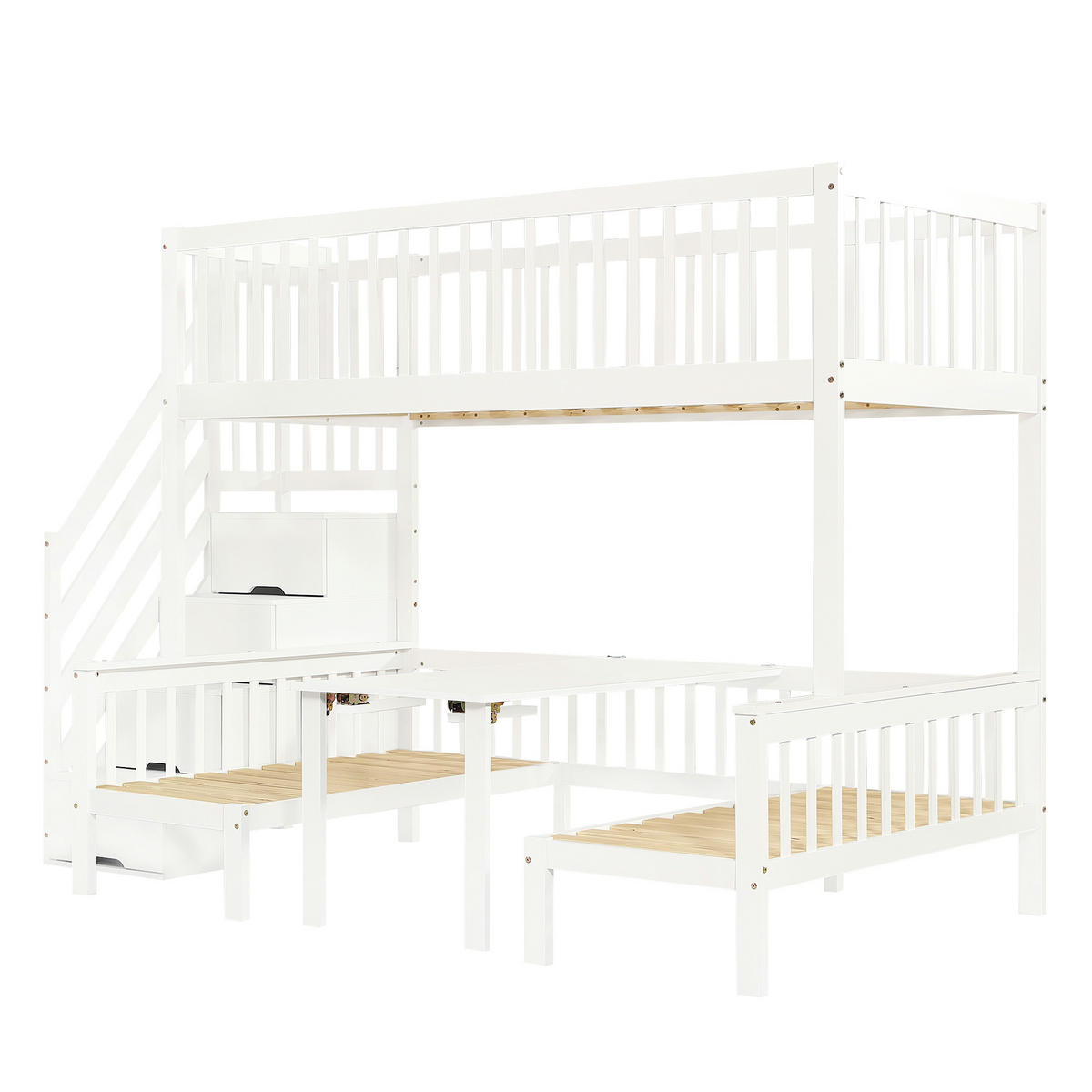 ETAGENBETT mit Stauraumtreppe und Klapptisch 90x200/120x200 cm Weiß - Weiß, Holz (90/200cm) - Meubliv